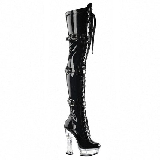 Patent Multi Buckle Thigh High Boots with Platform Heel