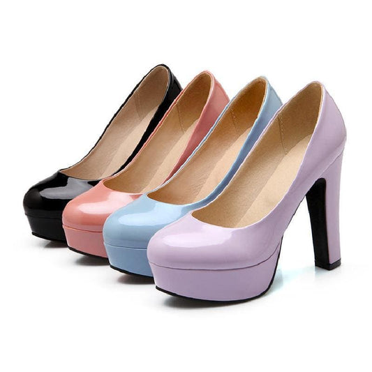 Unisex Patent Platform Low Cut Thick Heel Shoes Fashion