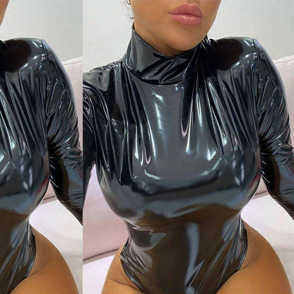 Shiny black latex or PVC bodysuit with a high neck and long sleeves.