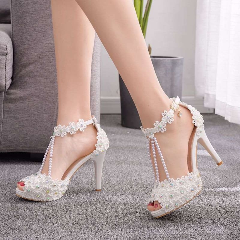 Peep Toe Beaded Floral Bridal Shoes with Lace Detail