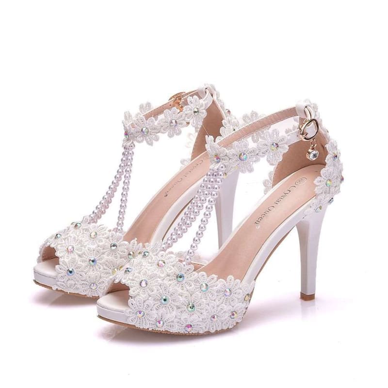 Peep Toe Beaded Floral Bridal Shoes with Lace Detail White