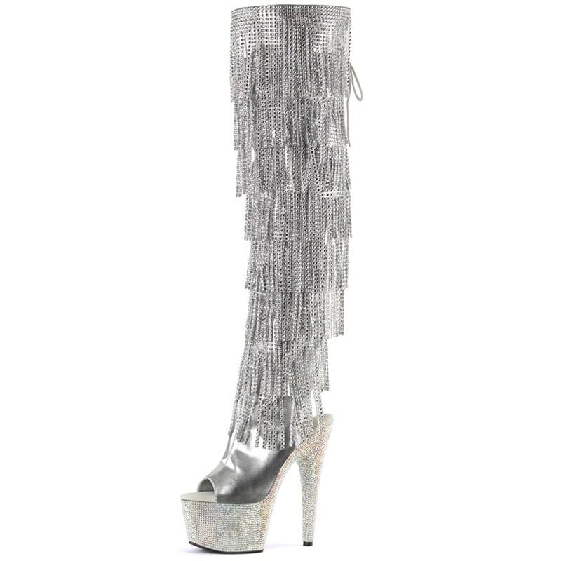 Peep Toe Platform Heel Boots | Rhinestone Fringe Nightclub