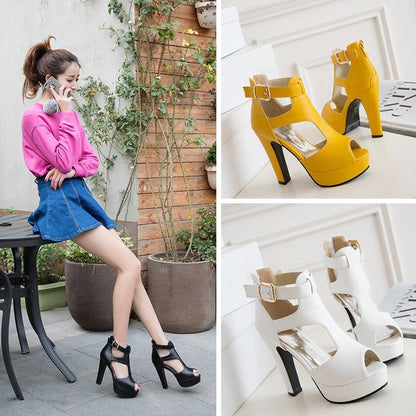 Collage featuring a person in casual attire and two pairs of high-heeled platform sandals in yellow and white.