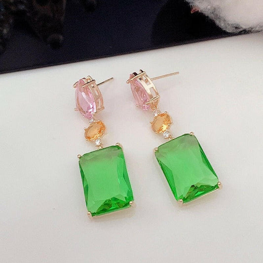 Pink Droplet Geometric Square Earrings Luxury Zircon