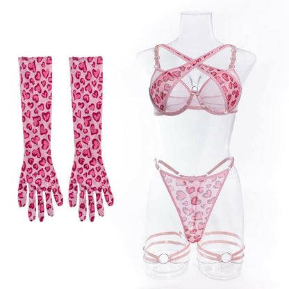 Pink Leopard Print Lingerie Suit with Gloves and Leg Ring