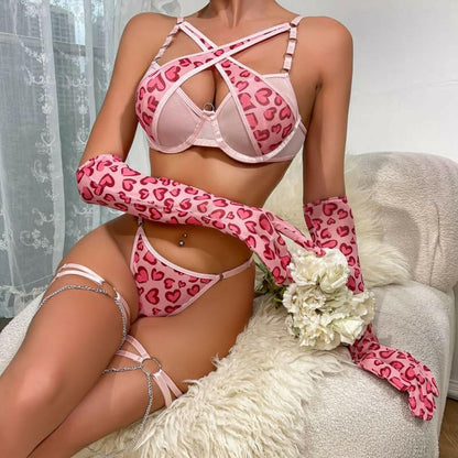 Pink Leopard Print Lingerie Suit with Gloves and Leg Ring