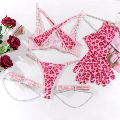 Pink Leopard Print Lingerie Suit with Gloves and Leg Ring