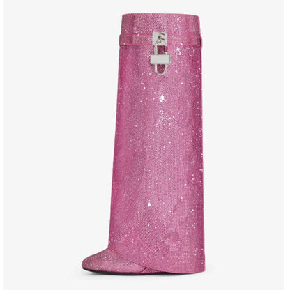 Pink Rhinestone Round Toe Knee-High Luxury Boots