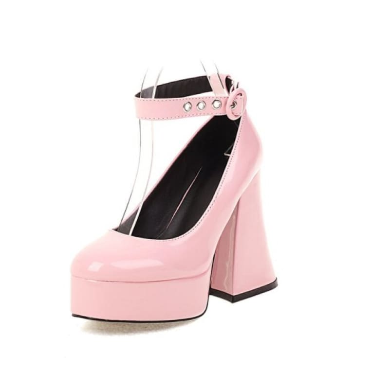 Platform Chunky Heel Ladies Shoes with Ankle Buckle Pink