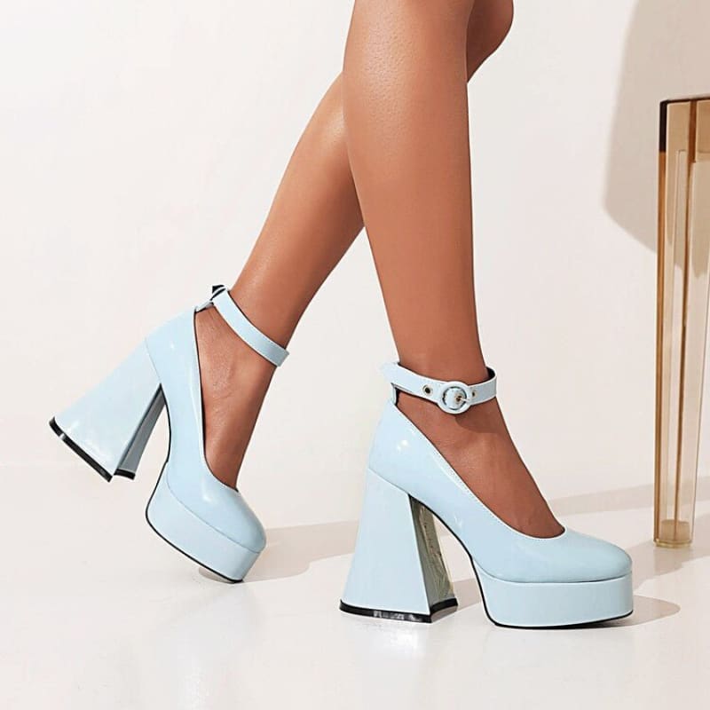 Platform Chunky Heel Ladies Shoes with Ankle Buckle