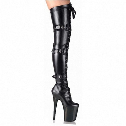 Black leather thigh-high platform boot with multiple buckle straps and an extremely high stiletto heel.