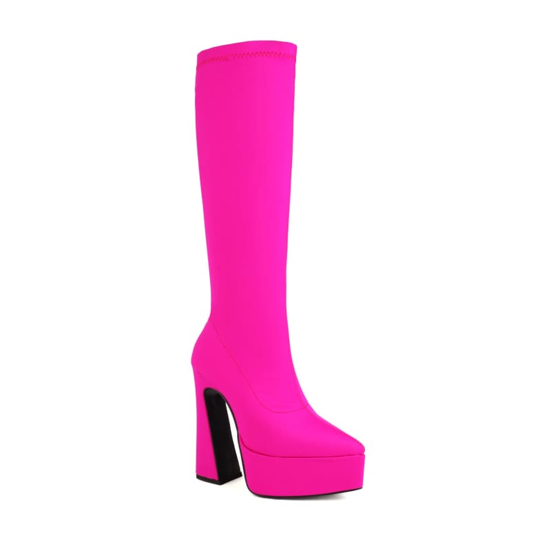 Bright pink knee-high platform boot with a chunky heel.