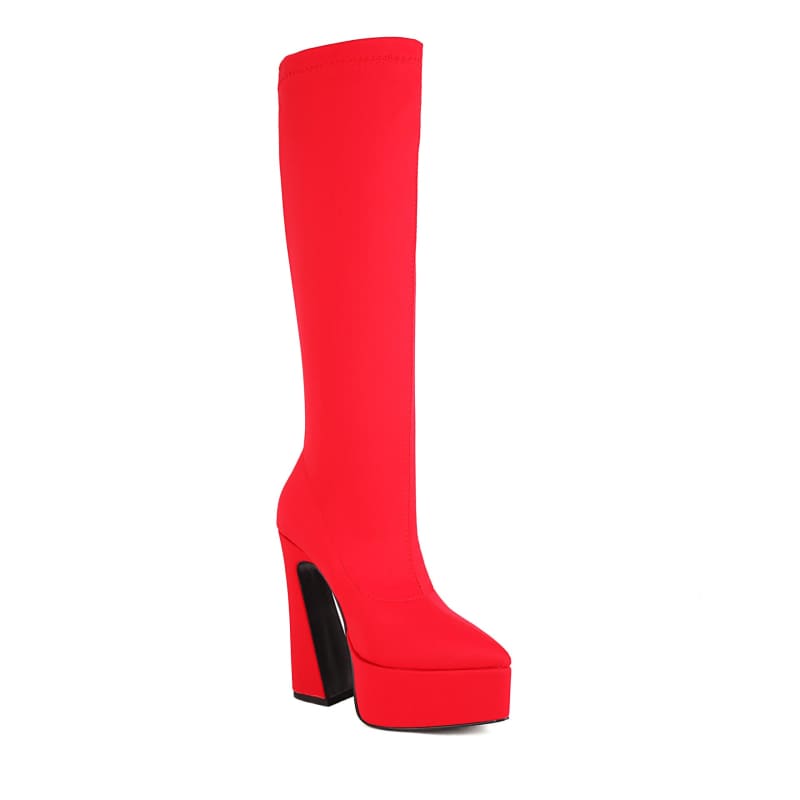 Bright red knee-high platform boot with a chunky heel.