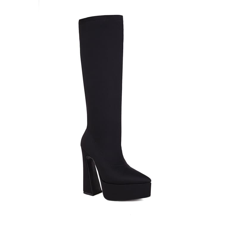 Black knee-high platform boot with a chunky heel.