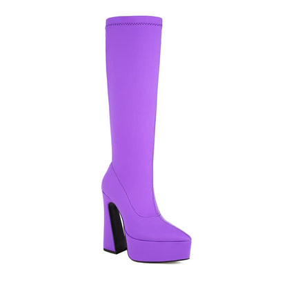 Bright purple knee-high platform boot with a chunky heel.