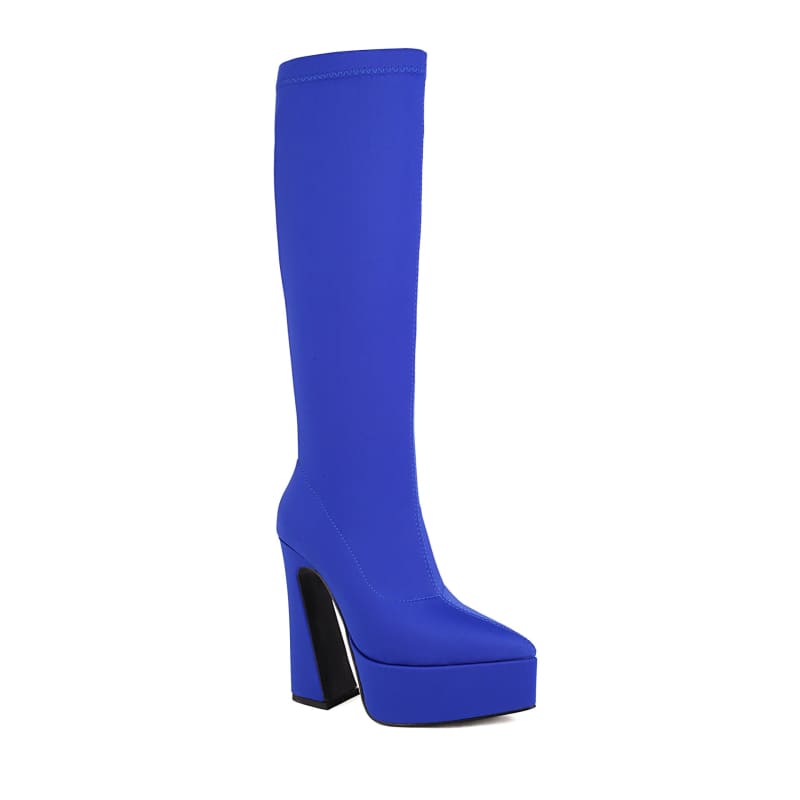 Bright blue knee-high platform boot with a chunky heel.