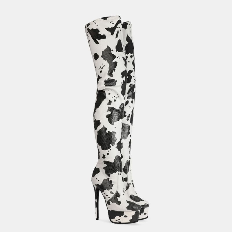 Cow Print, Round Toe, Thigh Length Platform Boots - Pleasures and Sins   Pleasures and Sins