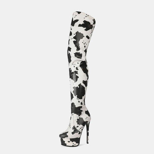 Platform Round Toe Cow Print Full Leg Thigh High Boots - Pleasures and Sins