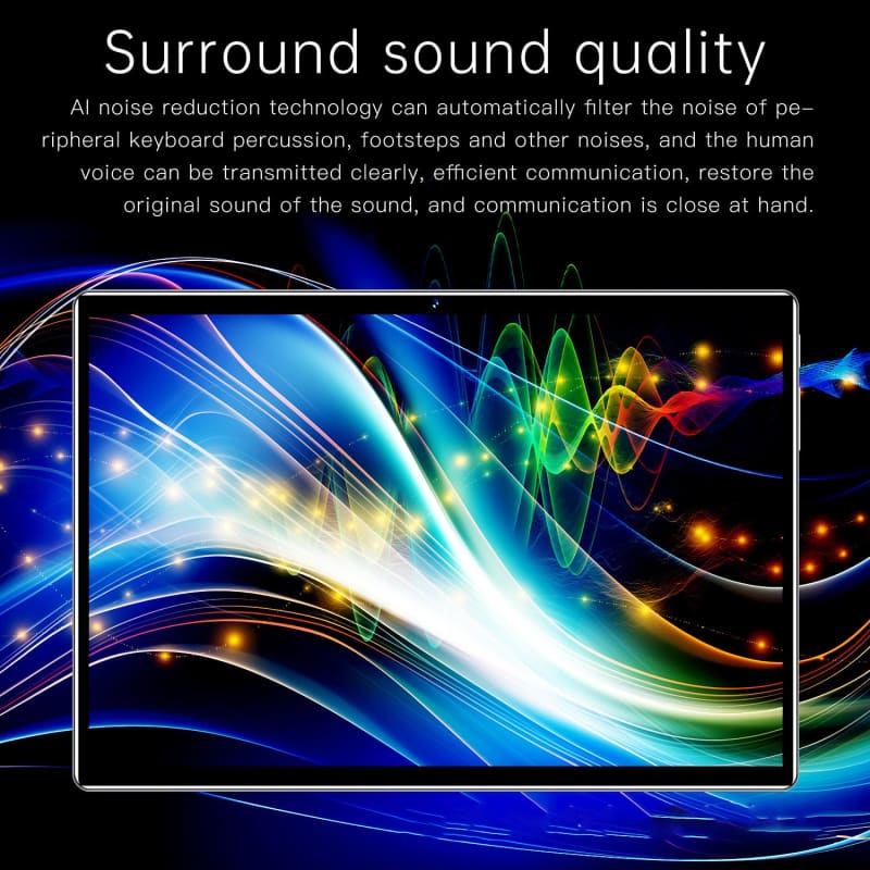 Colorful, dynamic waveforms emerging from a flat-screen display to illustrate surround sound technology.