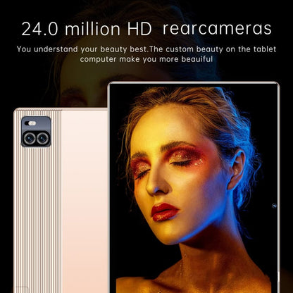 Smartphone advertisement featuring a high-resolution rear camera and a tablet displaying a glamorous portrait photo.