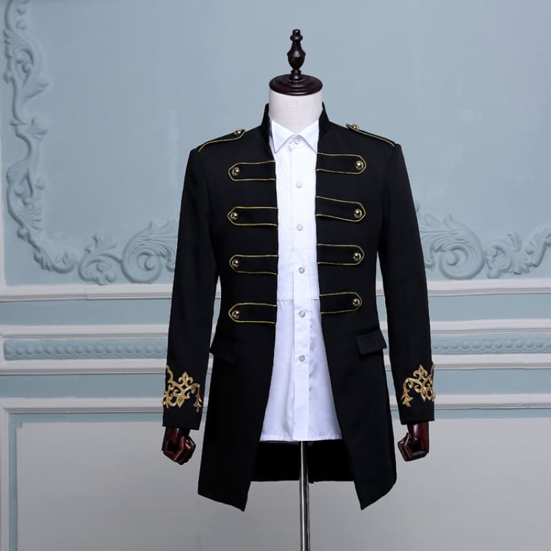 Military-style black jacket with gold embroidery and decorative buttons displayed on a mannequin.