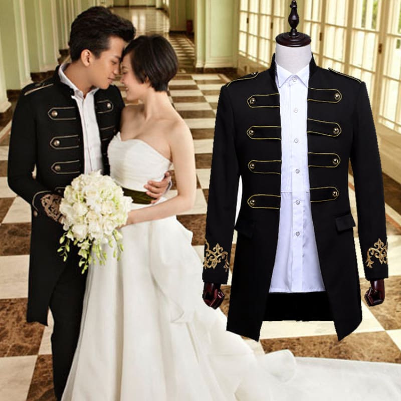 Military-style black jacket with gold embroidery and buttons displayed on a mannequin.