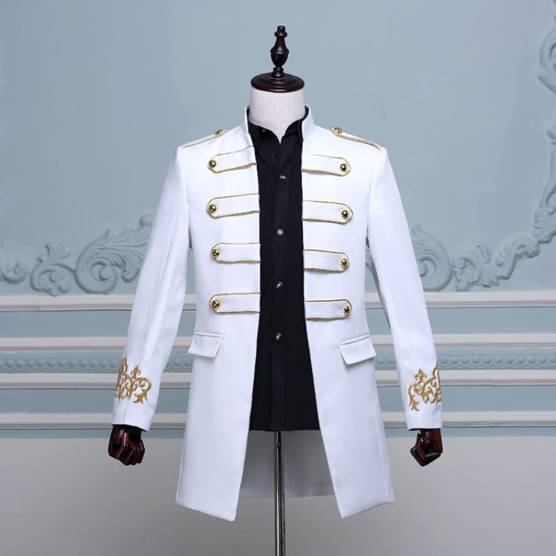 White military-style jacket with gold embellishments and buttons displayed on a mannequin.