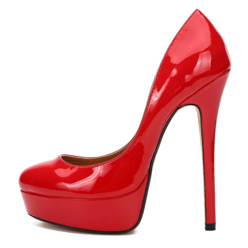 Glossy red high-heeled platform pump shoe.