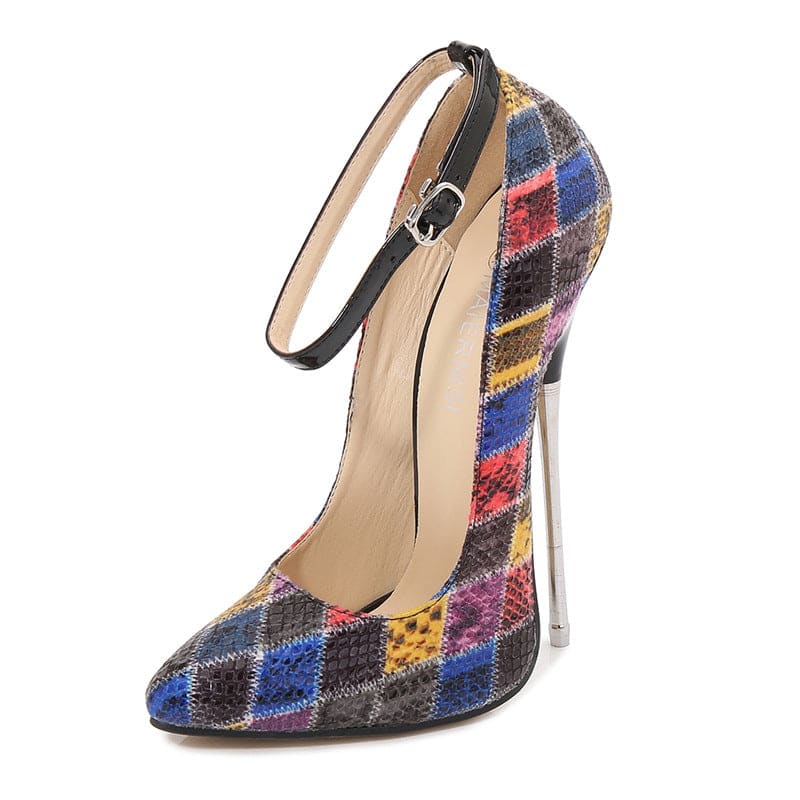 High-heeled pump shoe with a colorful plaid pattern and ankle strap.