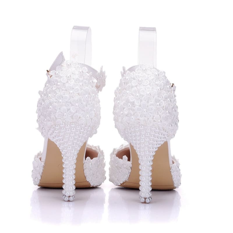 Elegant White Pointed Toe High Stiletto Wedding Shoes with Pearls and Floral Lace Details