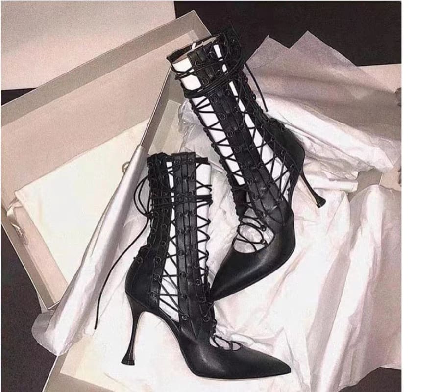 Strappy High Heel Boots: Pointed-toe Open Front Design