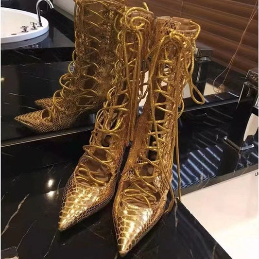 Strappy High Heel Boots: Pointed-toe Open Front Design Gold