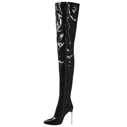 Shiny black patent leather thigh-high boot with a stiletto heel.