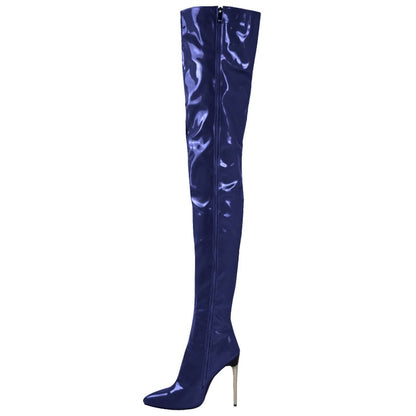 Shiny blue thigh-high boot with a stiletto heel.