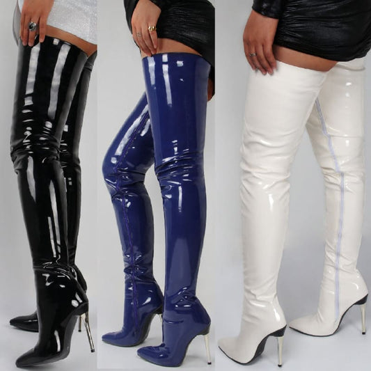 Thigh-high boots in black, blue, and white shiny patent leather with stiletto heels.