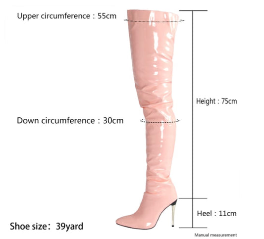 Pink thigh-high stiletto boot with measurements indicated.