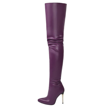 Purple leather thigh-high boot with a stiletto heel.