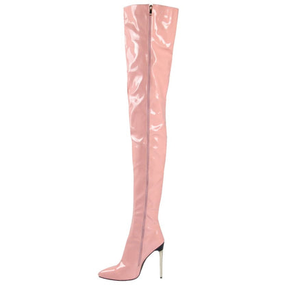 Pink patent leather thigh-high boot with a stiletto heel.