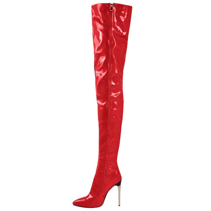 Shiny red thigh-high boot with a stiletto heel.