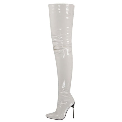 Shiny white thigh-high stiletto boot with a pointed toe.