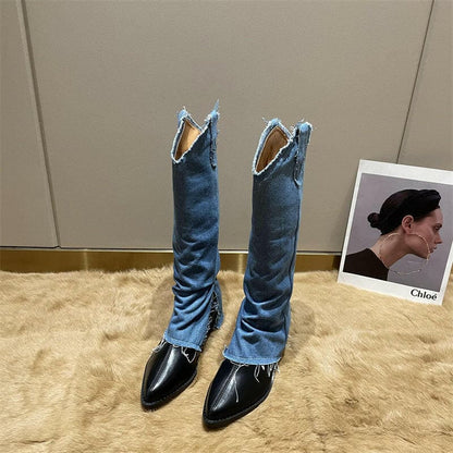 Pointed Toe Thick Heel Western Cowboy Boots Women’s Knee