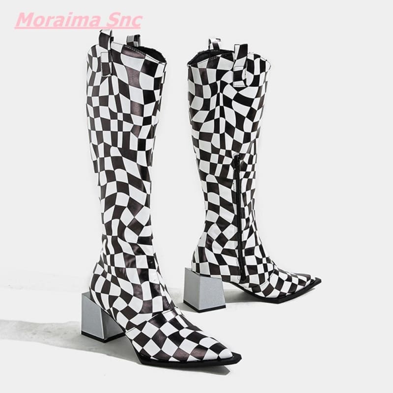 Pointed Women’s Boots Black White Checkerboard Style