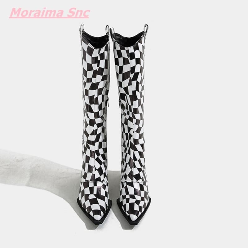 Pointed Women’s Boots Black White Checkerboard Style