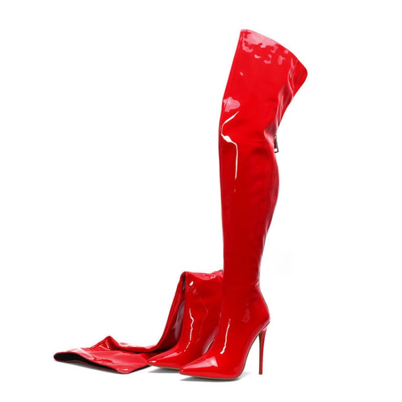 Pointy Back Zipper Stiletto Skinny Leg Boots Women's Over-the-knee Shiny Leather Boots In 5 Stunning Colours - Pleasures and Sins