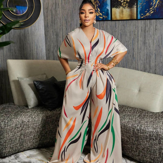 Printed Batwing Half Sleeve High Waist Wide Leg Jumpsuit