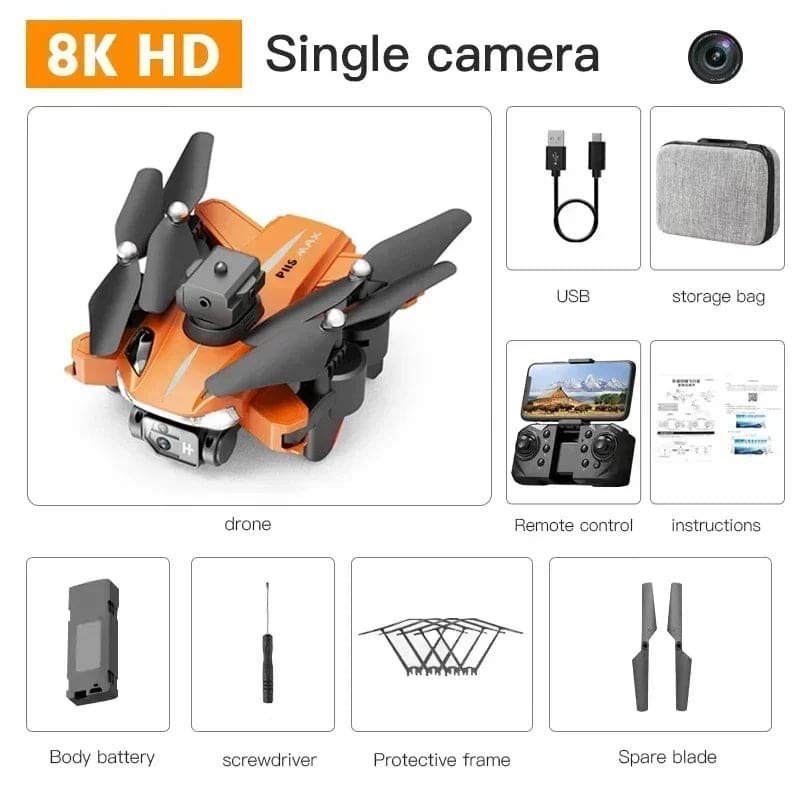 Orange and black foldable drone with camera and propellers.