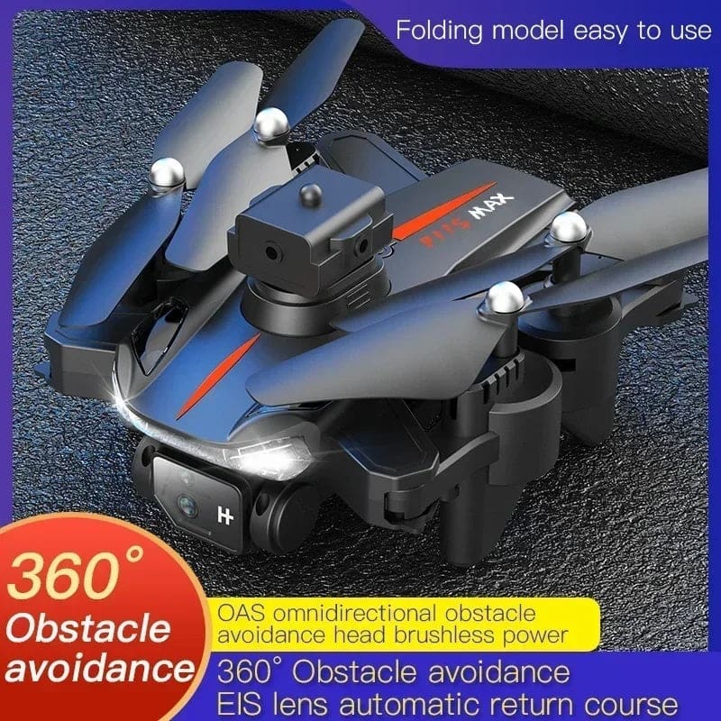 Foldable drone with multiple propellers and obstacle avoidance capabilities.