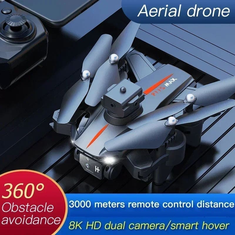 Sleek gray quadcopter drone with dual cameras and foldable propeller arms.