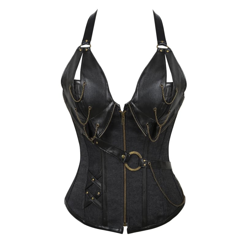 Punk Vegan Leather Corset With Belt Halter Shape Body - Pleasures and Sins   Pleasures and Sins