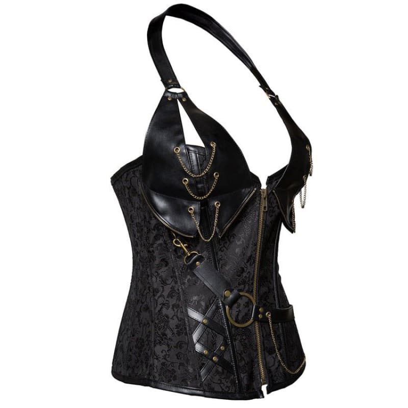 Punk Vegan Leather Corset With Belt Halter Shape Body - Pleasures and Sins   Pleasures and Sins